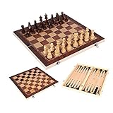 WIPPWER Set 3 in 1 Wooden Checkers Backgammon Set Folding Board with Storage for Pieces Beginner Set for Kids and Adults Set Chess(39 * 39cm/15.4 * 15.4inch)