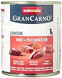 animonda GranCarno Hundefutter Junior, Nassfutter für Hunde im Wachstum, Rind + Putenherzen, 6 x 800 g
