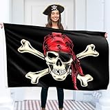 Pirate Flag – Jolly Roger Flag Red Bandana- Double-sided Print – 110Den polyester - Double Seam - 2 brass eyelets, large 5ft x 3ft