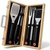 Curry Master Grillkoffer Grillset für Männer – Geschenk Grillbesteck Koffer mit 3in1 Spatel & Bürste – Grillzubehör Set im edlen Bambus-Koffer – Grillset für Männer Geschenk