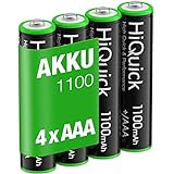 HiQuick Micro AAA Akku 1100mAh NiMH wiederaufladbare Batterien, 1200 Tech wiederaufladbare AAA Akkus, geringe Selbstentladung 1,2V AAA Batterien 4 Stück