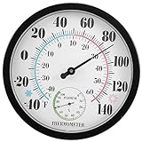 LYNNRICK Innen AußEn Thermometer, Garten, Wand, Terrasse, Wetter Thermometer, Hygrometer, GroßE Zahl, 25,4 Cm Durchmesser (Schwarz)