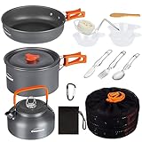 OVERMONT Camping Kochgeschirr Set Outdoor Geschirr Set Kochtopf Set Grillgeschirr Picknick Topf mit Kaffeekanne Teekanne Aluminium