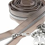#5 Metallic Nylon Reißverschlüsse von der Rolle 10 Yards silber Zähne Beige Klebeband mit 25 Stück Schieber für DIY Nähen Schneider Handwerk Tasche Gepäck Leekayer