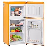 Merax Retro-Kühlschrank mit Gefrierfach, 60 Litern Volumen und 22 Litern Gefrierraum, LED-Licht, Zwei Fächer, 120 kWh/Jahr, Erhältlich in Orange