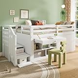 Kinderbett Einzelbett 90x200, Hochbett mit Stauschrank, Bücherregal, Schreibtisch und Treppe, Holzbett Stauraumbett Funktionsbett Etagenbett Stockbett Jugendbett mit Lattenrost, Ohne Matratze, Weiß