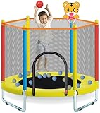 150cm Indoor Outdoor Kindertrampolin mit Sicherheitsnetz, Mini-Trampolin für Kinder inklusive Basketballkorb, robuste Sprungmatte Jungen und Mädchen