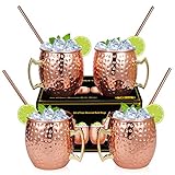 Widousy Moscow Mule Kupferbecher – Set von 4 handgefertigten, reinen, massiven Kupferbechern, 473 ml, Geschenk-Set mit 4 Cocktail-Trinkhalmen aus Kupfer