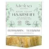 Meina Bio Haarseife für fettiges Haar gegen Schuppen mit Rosmarin und Teebaum, Organic Zertifiziert, Vegan, Handgemacht, Plastikfrei, Ohne Palmöl, Wie ein festes Shampoo, 80g