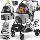 LOVPET® Hundewagen 3in1 Hundebuggy Hundebox Transporttasche 360° Große Räder Faltbar klappbar Haustiere Buggy Netzfenstern & Regenschutzabdeckung Jogger Katzenbuggy für kleine Hunde Katzen