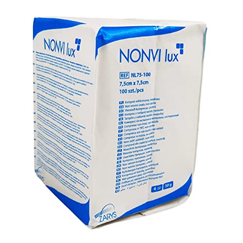 Zarys NONVI lux Vliesstoff Kompresse Unsteril Gewicht 30 g/qm Absorbierender 4-lagige Verband Größe 7,5 cm x 7,5 cm (100 Stück)