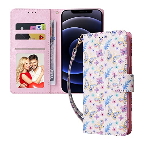 Entworfen für iPhone 12 Mini Wallet Case || Magnetische Blume Lederhülle || RFID-Blockierung || Kartenfächer Handschlaufe Kickstand Cover für Frauen Mädchen - Schmetterling