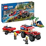 LEGO City Feuerwehrgeländewagen mit Rettungsboot, Offroad-Auto-Spielzeug für Kinder ab 5 Jahren, Rettungswagen mit Schlauchboot, Anhänger, Zelt und 3 Minifiguren, Geschenk für Jungs und Mädchen 60412