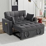 Merax Schlafsofa mit Bettkasten, 2-Sitzer Sofa mit Schlaffunktion, Klappbares 3-in-1 Schlafcouch mit Verstellbarer Rückenlehne, Getränkehalter und Armlehnentaschen, aus Samt, Grau 137 x 76.5 x 83 cm