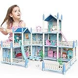 deAO Puppenhaus– 3-stöckiges DIY Rollenspiel-Spielset, Puppenhaus-Zubehör und Möbel, Geschenk für 6 7 8 9 Mädchen Kleinkinder (BLAU)