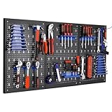 Werkzeugwand, 3-teilige Lochwand Werkstatt, Erweiterbare Werkzeuglochwand mit 17 Haken und Halterungen, 118 x 59.5 x 2 cm, Werkzeugwand aus Metall für Werkstatteinrichtung, Werkbank, Garage (Blau)