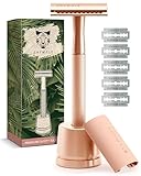 ANYMALE® Rasierhobel Rosegold Edition - Damen Set mit Ständer und 5 ASTRA Klingen - Plastikfreier Rasierer aus Metall