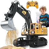 FUYLEY Ferngesteuerter Bagger Spielzeug für Jungen, 14 Kanal 2,4Ghz RC Bagger Metall Schaufel mit Spray Licht Ton, Rc BAU Spielzeug 680°Rotation für Jungen Geschenk