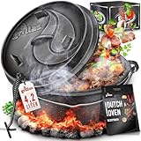 grillas Dutch Oven Set inkl. Rezeptideen | bereits eingebrannt - preseasoned | Feuertopf Gusseisen I Bräter mit Deckelheber und Henkel (Topf mit Füße, 4,2 Liter / 4,5 QT)
