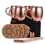 Eligara Moscow Mule Kupferbecher-Set, handgefertigt, lebensmittelecht, Kupferbecher für Moscow Mule Cocktail, 473 ml, Geschenk-Set mit 1 Schnapsglas, 4 Strohhalmen und 4 Untersetzern, 4 Stück