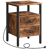 HOOBRO Nachttisch mit Ladestation, Beistelltisch, Sofatisch mit 2 Schubladen, Couchtisch mit USB-Anschlüssen für Wohnzimmer, Schlafzimmer, Modern, 40 x 40 x 61 cm, Vintage EBF43CBZ01G2