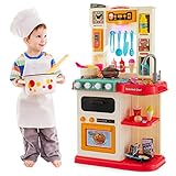 COSTWAY 65 TLG. Kinderküche mit Lichter, Musik und Sound, Spielküche inkl. Zubehör, Kinderspielküche mit Wasserpumpe, Spielzeugküche für Kleinkinder ab 3 Jahre (Rosa)