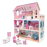 XXL Puppenhaus aus Holz mit LED Beleuchtung | Große Puppenstube mit Möbeln und Zubhör | 3 Etagen + Balkon | Spielset für Kinder Mädchen Jungs | Traumhaus für Puppen in Pink | Großes Dollhouse Kit Set