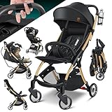 KIDIZ® Kinderwagen Premium Kinderbuggy klappbar Liegebuggy Sportwagen Faltbar 360°Räder 5-Punkt Gurt Inkl. Getränkehalter & Regenabdeckung, verstellbare Rückenlehne & Sonnenverdeck Champagne