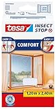 tesa Insect Stop COMFORT Fliegengitter für bodentiefe Fenster - Insektenschutz selbstklebend - Fliegen Netz ohne Bohren - weiß (leichter sichtschutz), 120 cm x 240 cm