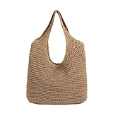 YGLEEULI Geflochtene Tasche Rattan Frauen Schulter Taschen Gewebte Weibliche Handtaschen Große Kapazität Sommer Strand Stroh Taschen Casual Tote Geldbörsen(Brown)