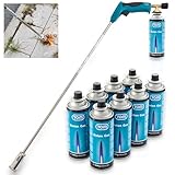 TOM Gas Unkrautbrenner Set + 8 x 330 g Universal Gasflasche mit Schraubgewinde – Abflämmgerät ideal zur Unkrautvernichtung auf Pflastersteinen, Gehwege, Pflasterfugen