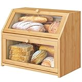 Comius Sharp Double Layer Large Bread Box für Küchentheke, Hölzerne Große Kapazität Brot Lagerung Bin mit Acryl-Türverkleidung, Große Kapazität Bin Küche Lebensmittel Lagerung Container