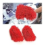 JNNJ 2 PCS Autowaschhandschuh, Mikrofaser Waschhandschuh Auto, Außen Zottel-Waschhandschuh für Professionelle Autopflege - 100% kratzfrei & schonend, Entfernt Mühelos hartnäckigen Schmutz(Rot)