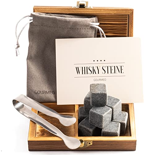 GOURMEO 9 Whisky Steine im Set aus Basalt mit einer Edelstahl Zange - Eiswürfel Steine, Whiskysteine wiederverwendbar - Whiskey Geschenke für Männer