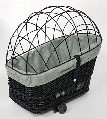 Tigana Hundefahrradkorb für Gepäckträger aus Weide 60 x 39 cm Schwarz Gitter Tierkorb Hinterradkorb Hundekorb für Fahrrad (S-S) (XXL + Kissen/Holz/Einlage G1)