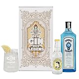 Herz & Heim® Gin Geschenkset personalisiert mit Name – Bombay Sapphire (1 l), Thomas Henry Tonic Water, graviertes Glas & Geschenkbox – Geschenkidee mit Gin Tonic zum Geburtstag