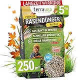 TerraUno Premium Herbstdünger Rasen, Rasendünger Herbst mit 100 Tage Langzeitwirkung, 5 kg für 250 m², Sofortwirkung, gesunder Rasen verdrängt Moos & Unkraut, Herbstrasendünger, extra starkes Grün