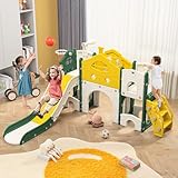 Kinder Rutsche, 7 in 1 Kinderrutsche mit Slide, Climber, Telescope, Small Window, Basketballkorb, Storage Space und Tunnel, Indoor-Kunststoffrutschenset, Montessori-Spielzeug für Den Spielplatz