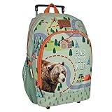 PERLETTI Ökologischer Kinderrucksack mit Rollen und Waldtieren - Kinder Trolley aus Recyceltem Kunststoff mit Rädern - Kindergarten Schulranzen Trolleytasche - 36x25x15 cm Eco (Bär)