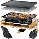 KESSER® Raclette-Grill mit Naturgrillstein, Grillplatte Tischgrill für 8 Personen, Elektrogrill Raclette Grill antihaftbeschichteter Grillplatte, 8 Pfannen und Holzspatel 1200W