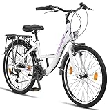 Chillaxx Bike Strada Premium City Bike in 24, 26, 28 Zoll - Fahrrad für Mädchen, Jungen, Herren und Damen - 21 Gang-Schaltung - Hollandfahrrad Citybike (24 Zoll, Weiß-Purple V-Bremse)