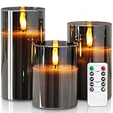 Homemory Grau Glas Flammenlose Kerzen, Batteriebetriebene LED Stumpenkerzen mit Fernbedienung und Timer, Elektrische Kerzen, Echtes Wachs, 3er-Set