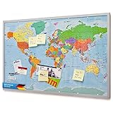 Pinnwand Weltkarte aus Kork mit Rahmen 90x60 cm - Memotafel aus Cork mit 20 Markierungsfähnchen - Weltkartenpinnwand Memoboard XXL