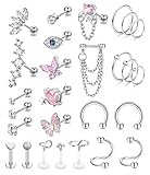 JeweBella 27 Stück 16G Chirurgenstahl Helix Piercing Knorpel Tragus Piercing Set für Damen Mädchen CZ Labret Piercing Knorpelohrstecker Nasenpiercing Conch Piercing Forward Helix Piercing Schmuck Set