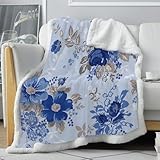 loyaltyer Kuscheldecke Flauschig 70x100 cm Blumen, Blau Babydecke Dicke Warm Flanell Sofa Couch Decke Flauschige Sherpa Kuscheldecke Sofaüberwurf Wohndecken Fleece für Junge Mädchen