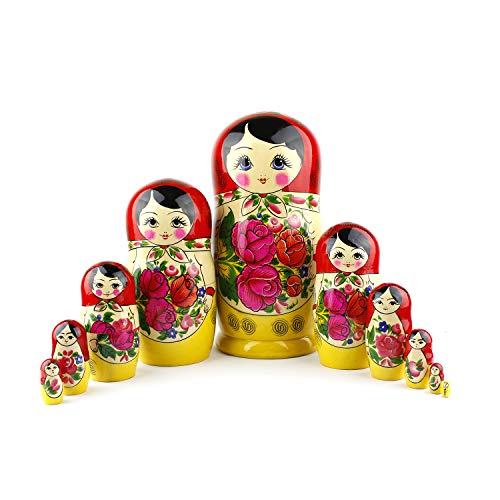 Russische Matroschka-Puppen, 10 traditionelle Matroschkas Klassisch Semyonov Rot | Babuschka Holzpuppe Geschenk Spielzeug, Handgefertigt in Russland | Semyonov Rot, 10 Stück, 25 cm