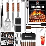 Grilliance BBQ Grillbesteck Set 30 Grillzubehör aus Hochwertiger Edelstahl Grillzange Grillspachtel Korkenzieher Grillset mit Grillkoffer und Grillmatte für Männer Geschenk für Garten Camping Braun