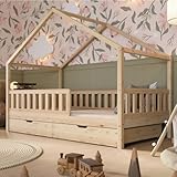 Crazy Pine Hausbett mit Schubladen 200x140 cm – Kinderbett aus Naturholz mit Rausfallschutz – Montessori Bodenbett mit zusätzlichen Stauraum und und Abnehmbarer Barriere - Crazy House