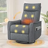 Srfzluxy Fernsehsessel Massagesessel mit Liegefunktion, Relaxsessel mit Wärme und Massage, 360°Drehbarer TV Sessel Wohnzimmer, Schaukelstuhl mit Gepolsterte Kopfstütze, 2 Seitentaschen