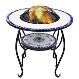JUNZAI Feuertisch Mosaik Keramik Blau und Weiß 68 cm, Heizpilz Gas Terrasse, Feuerstelle Outdoor, Terrassenheizer, Tisch Kamin